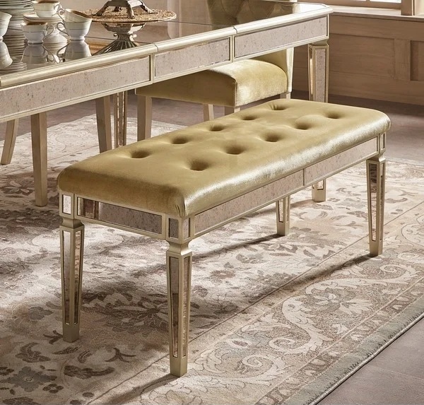 Antique gold mirrored dining bench velvet upholster bed stool ottoman for bedroom
