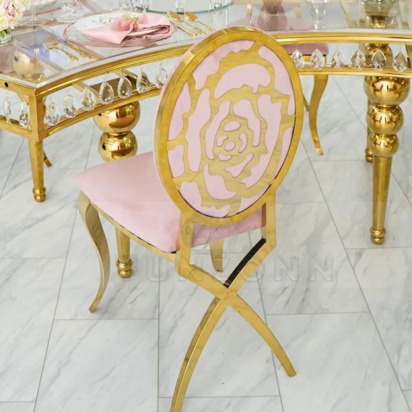 Modern Pink Velvet Dining Chair with Carved Rose Back Stainless Steel Metal Furniture for Outdoor Apartment Villa Hotels Events