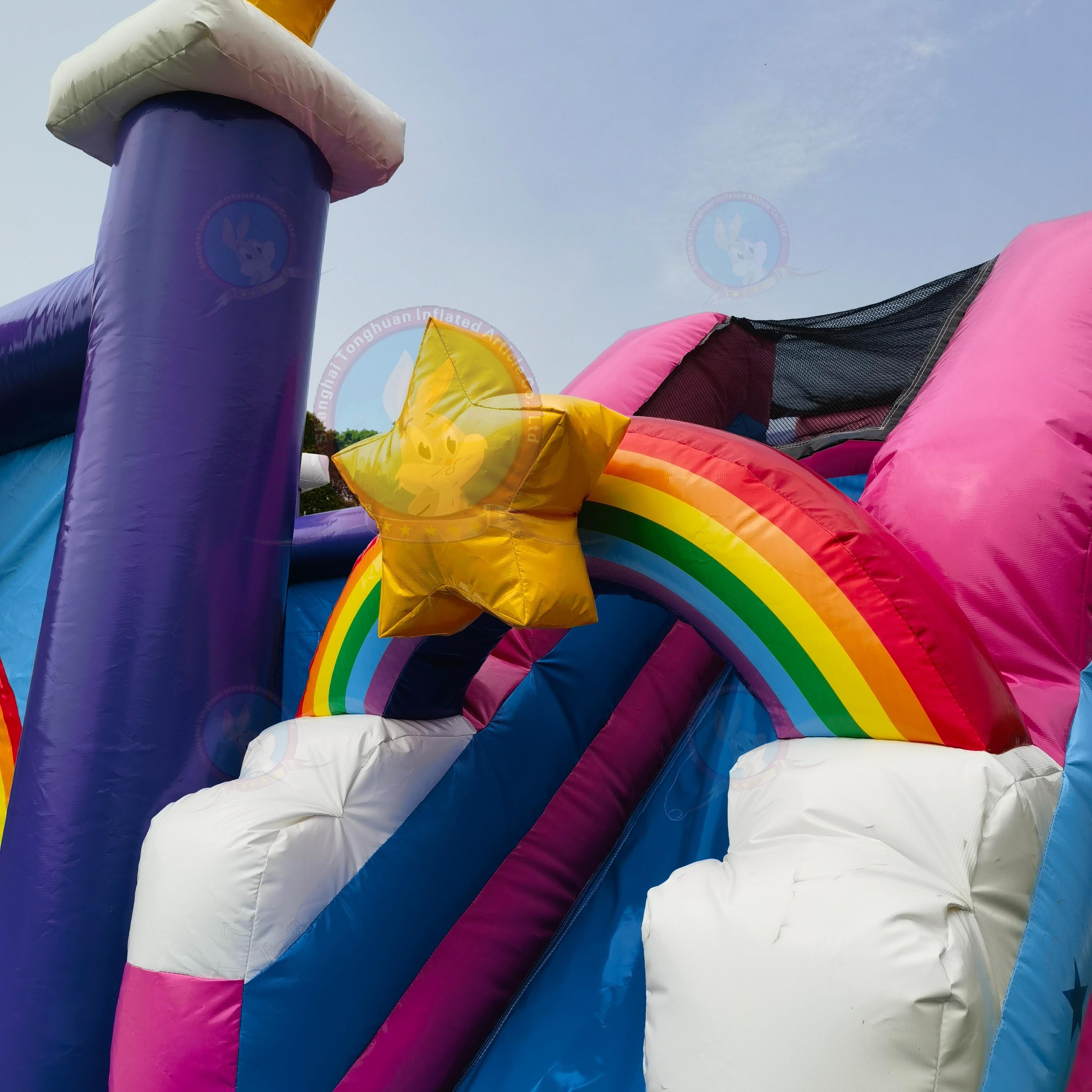 Custom Inflatable Unicorn Bounce House With Slide Rainbow Artwork And Star Decorations for Kids Party Rental Events And Outdoor Playground Projects