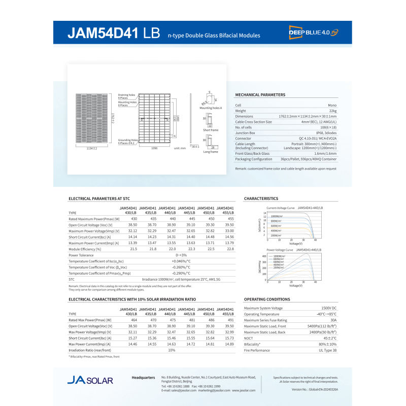 JA 430-455W N-Type Double Glass Bifacial Solar Generator with Solar Panel and 108 Cells