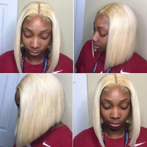 Short Bob Straight Human Hair blonde Lace Closure Wig Transparent 13X4 Lace Frontal Wig