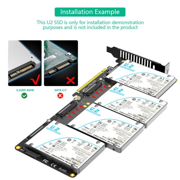 U.2 SSD à PCIe X16 Adaptateur PCIE 4.0 à 4 disques U.2 SFF-8639 Carte SSD Riser U.2-PCle X8 Carte d'adaptateur à double disque