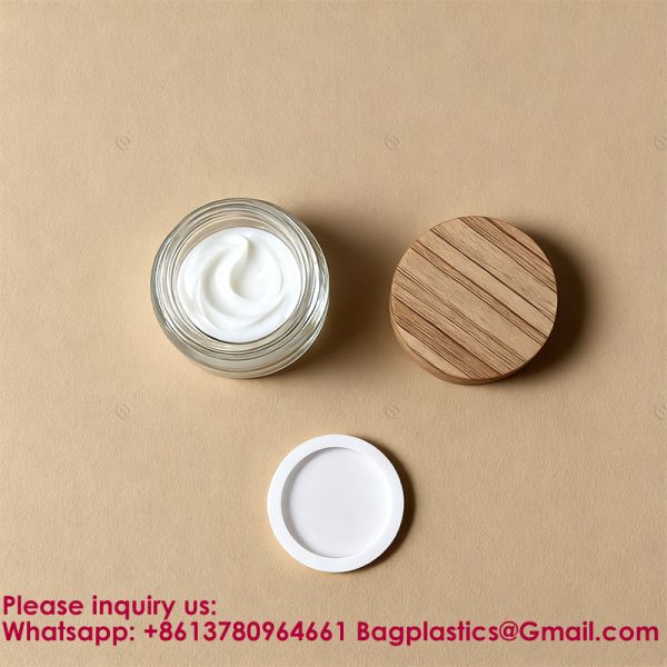Glass Jars With Lids Clear Small Jars With Plastic Woodgrain Lids, White Labels And Inner Liners Empty Round Cosmetic Containers For Creams Lotions Candle Making (Clear)