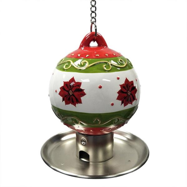 Alimentador cerâmico exterior do pássaro do metal da bola do Natal com a placa de carimbo chapeada do alimento do ferro