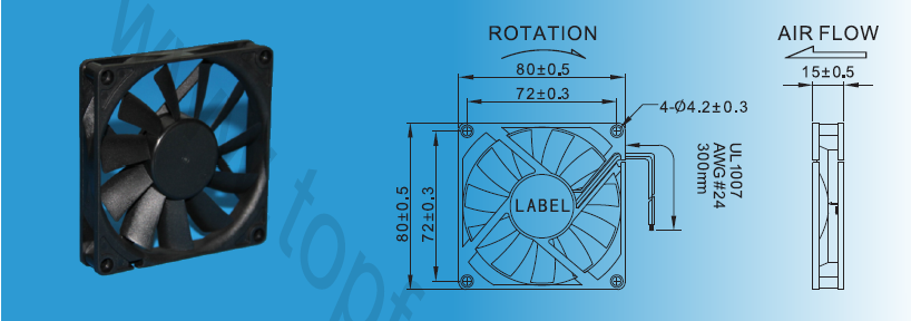 Low Noise DC Ventilation Fan Ball Bearing 5V / 12V / 24V 80mm X 80mm X 15mm
