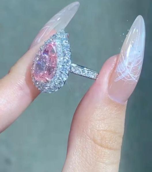 Anel de noivado de diamante rosa de corte de pêra casamento 18K ouro branco CVD anel de diamante