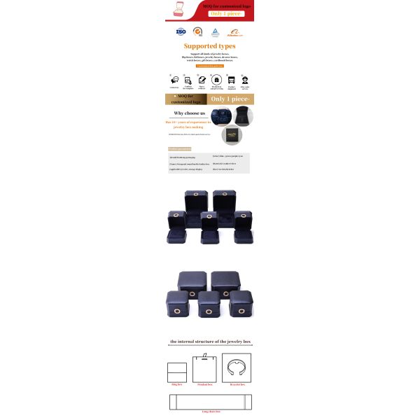 11*11*6cm Leather Jewelry Box Hanhong Square Necklace Ring Box with Metal Blue Luxury