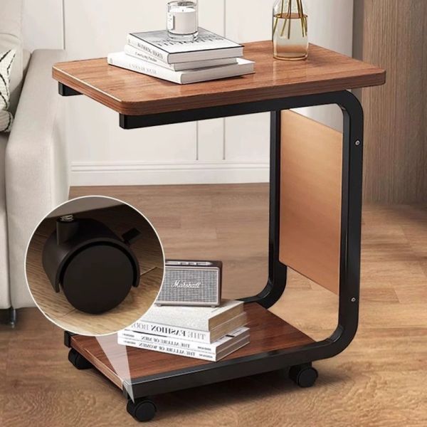 Space-Saving Living Room Furniture Corner Coffee Bedside Table with Wheels C Shape 2 Tiers End Rolling Storage Rack Shelf