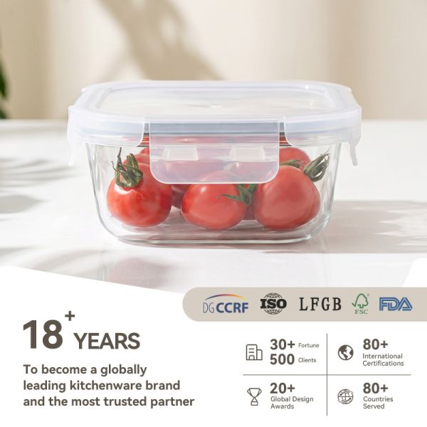 IKOO Oven Safe Dishwasher Safe Freezer Safe Glass Food Container with 4 Lock PP Lid for Airtight Food Storage