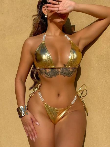 Ruched Red Halter Bikini with Removable Padding for Beach Vacation