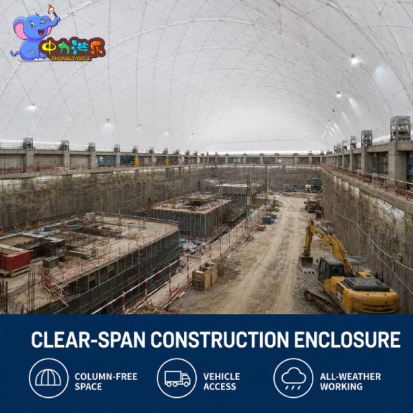 100m Clear-Span Air-Supported Urban Deep Excavation Shelter Tent with PVC Membrane for Dust Control & All-Weather Construction