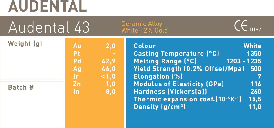 Audental 43 aleación de porcelana de plata y paladio Pd43% noble para restauraciones dentales fuertes y estéticas