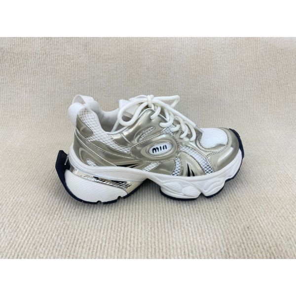 Lacing PU Gold Leather Sneakers With Script Mesh Upper Women Sneakers