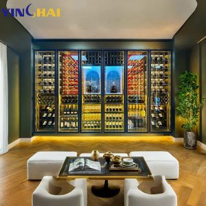 Stainless Steel LED Wine Cabinet with Glass Doors Freestanding Wine Storage Unit