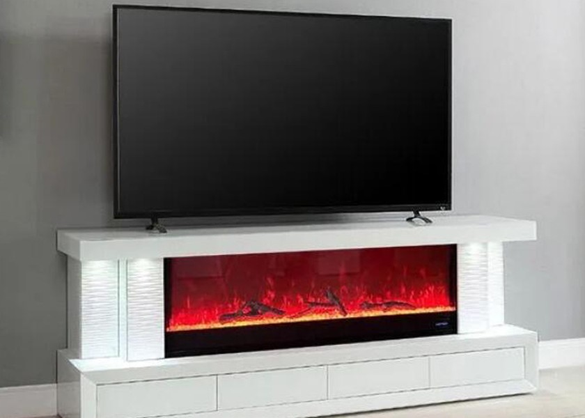 JS-TV01 Super White Mirrored Glass Electric Fireplace TV Stand with Contemporary Mantle Structure