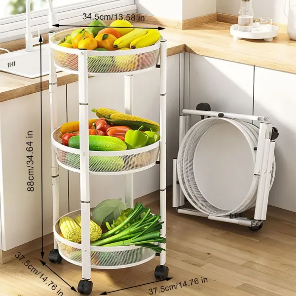 Black and White Floor-standing Round Storage Rack 3-layer Fruit Vegetable Basket Snack with No Installation Required