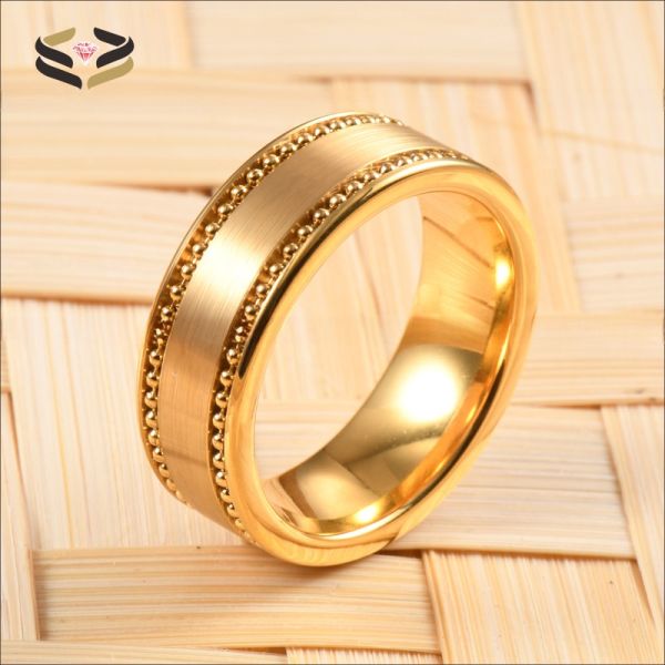 Bague de mariage pour homme en carbure de tungstène plaqué or 8mm avec incrustation de chaîne de perles dorées