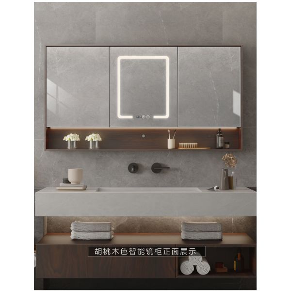 Solid Wood Bathroom Furniture Mirror Cabinet , LED Light Glass Cabinet Mirror