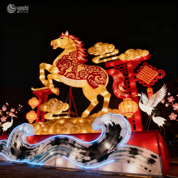 Custom Chinese Style Horse Lantern With Cloud & Gear Base, Giant Traditional Animal LED Light Sculpture for New Year Festival Light Show