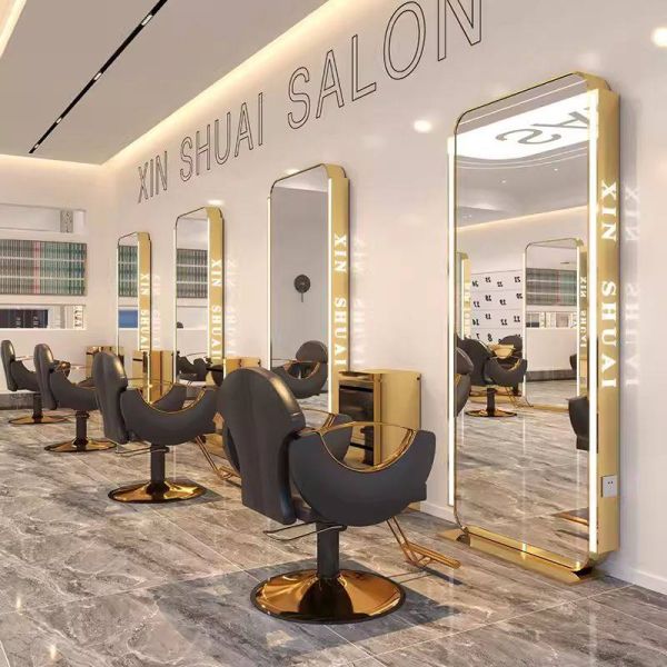 Modern LED Hair Salon Mirror Floor Stand Double Sided Barber Station Mirror with Light Black Frame for Hairdressing Furniture