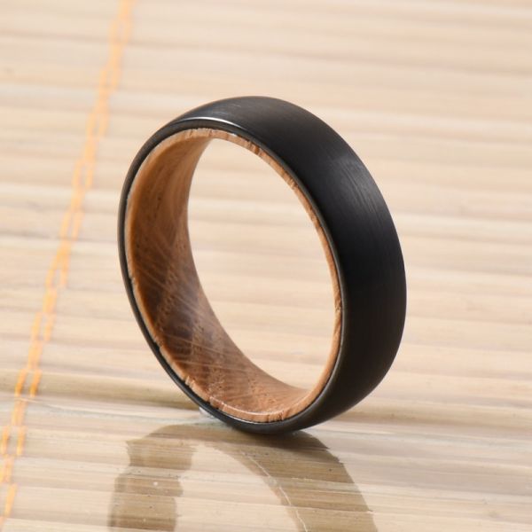 TRENDY 6mm Silver or Black Plated Whiskey Barrel Wood Tungsten Ring for Men's and Women's Wedding or Engagement Band