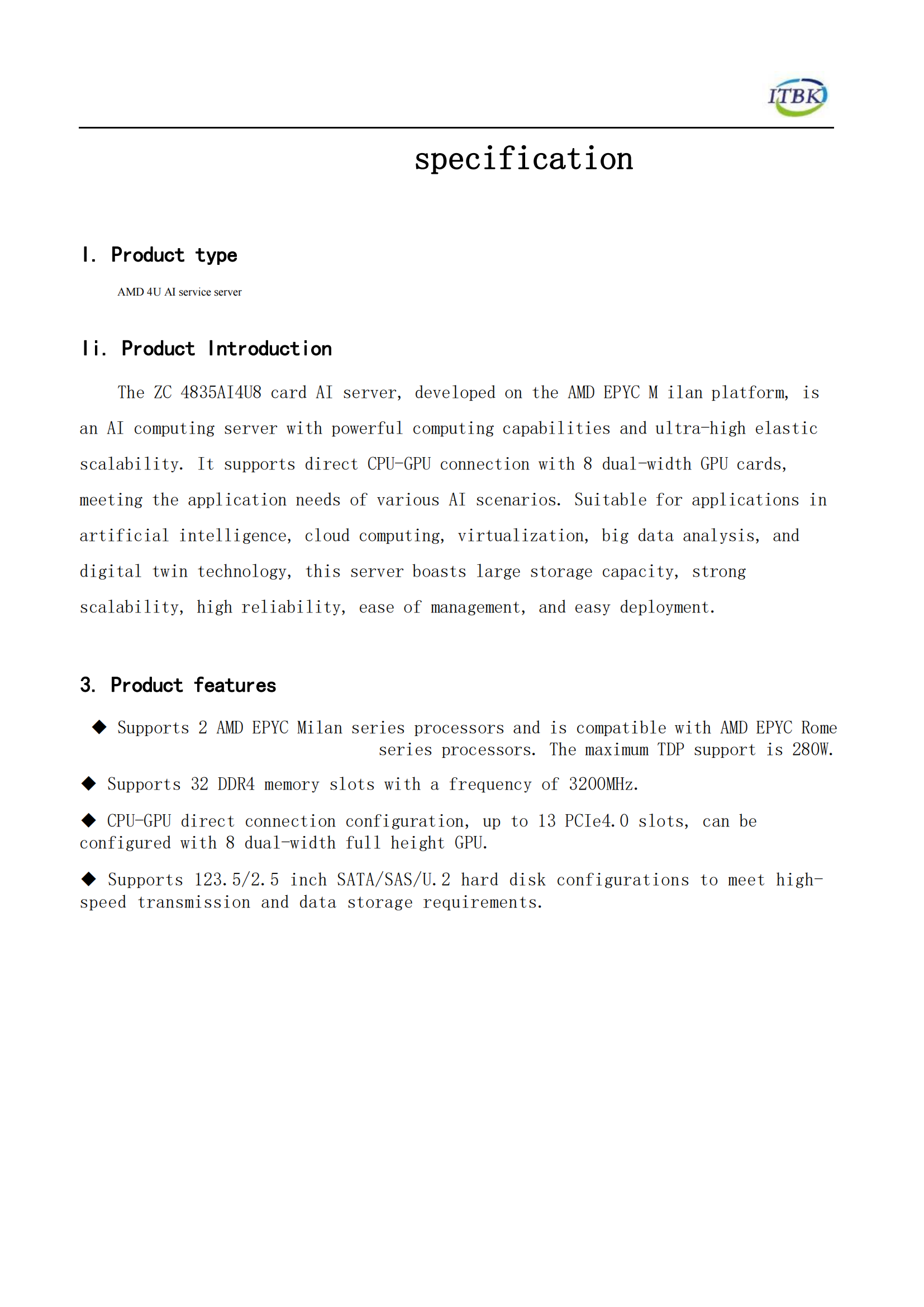 64GB DDR4 AMD EPYC 4U Server with ITBK ZC 4835 AI Support