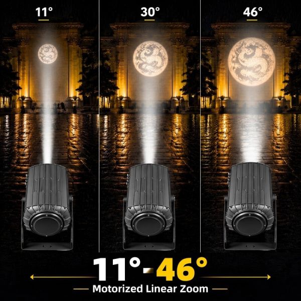 300W Architectural Gobo Projector with 11°–46° Zoom and Interchangeable Glass Gobos