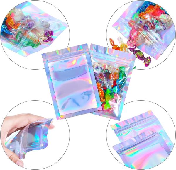 Clear Front Foil Back Iridescent Food Zip Lock Bags Resealable Holographic Stand Up Pouches Smell Proof Mylar Bags