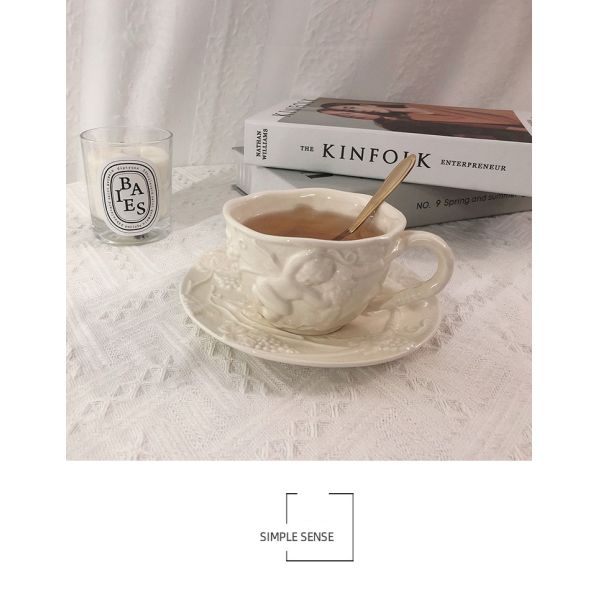 Embossed Angle Tea Cup Set Fashion Coffee Cups INS Style Pink White Blue Ceramic