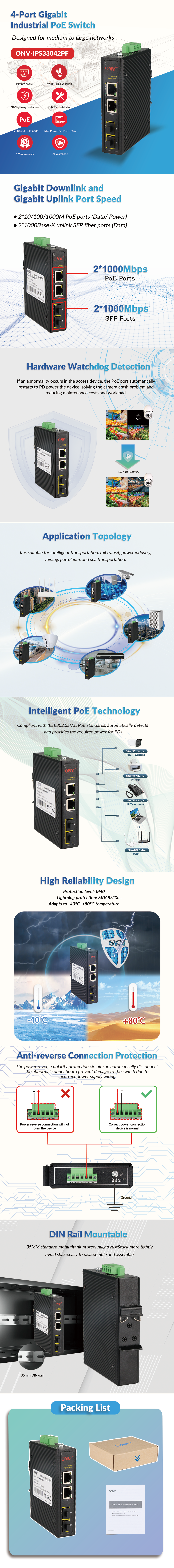4-port Gigabit Industrial PoE Switch with 30W per Port Power for Reliable Network Connectivity