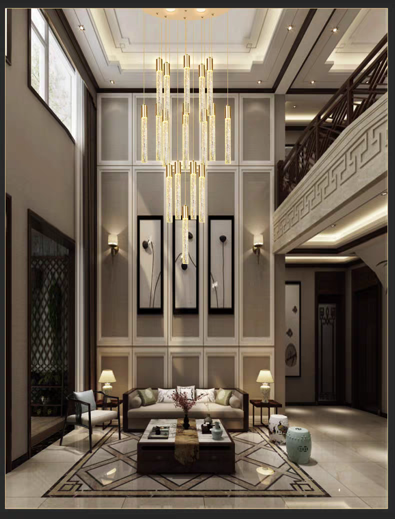 Lumière pendant d'escalier de luxe moderne intérieur de l' hôtel or / noir Crystal Stick Design