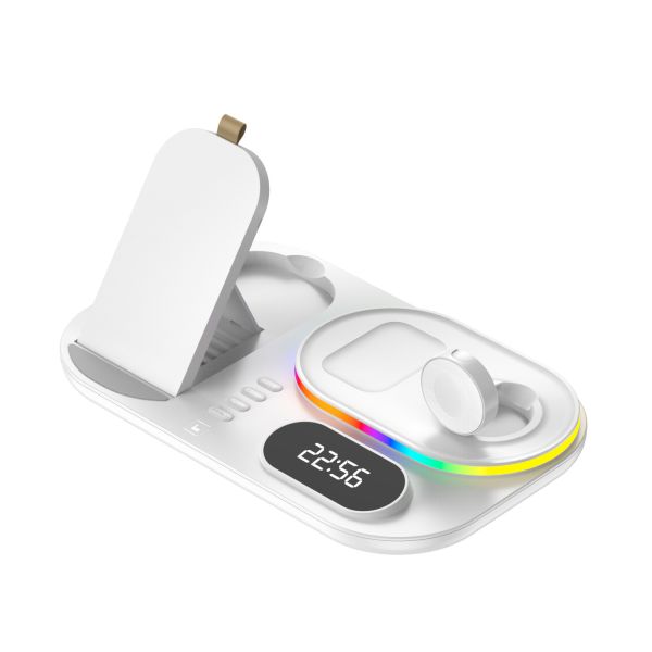 Foldable RGB Alarm Clock Wireless Charger Stand 4-in-1 Magnetic Charging Station LED Light Fast Wireless Charging Dock
