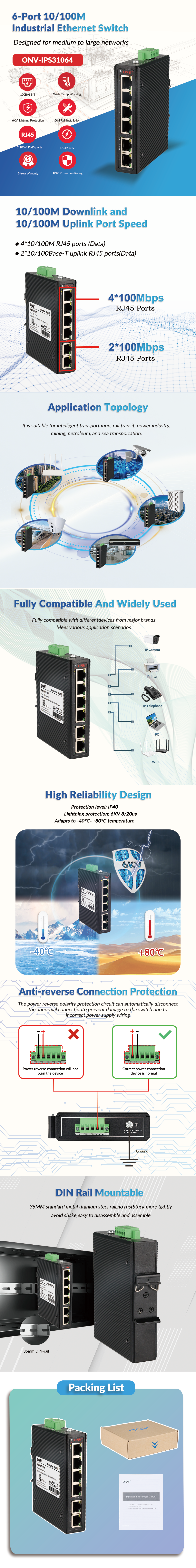 6 Port 10/100M Industrial Ethernet Switch Unmanaged Plug And Play Operation