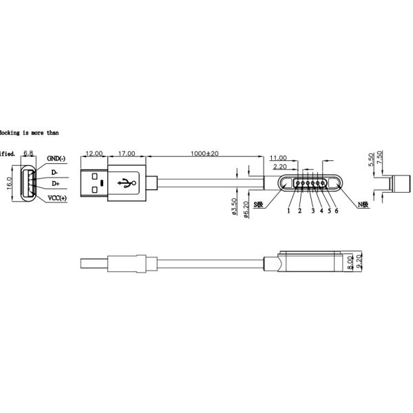 Conector de cable magnético de 6 pines Cuadrado Pogo Pin Cable de carga OD3.5mm