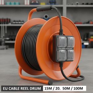 4 Way General Sockets IP44 Retractable Iron 15M 20m 50m 100m Cord Reel Customized Length EU Cable Reel Drum