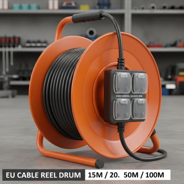 4 Way General Sockets IP44 Retractable Iron 15M 20m 50m 100m Cord Reel Customized Length EU Cable Reel Drum