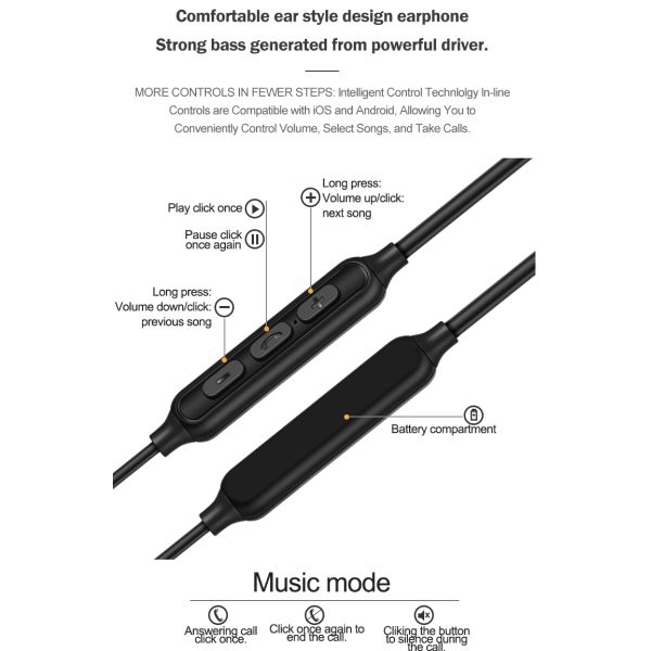 Volume Control Neckband Bluetooth Earphones 80mAH Stereo Bass