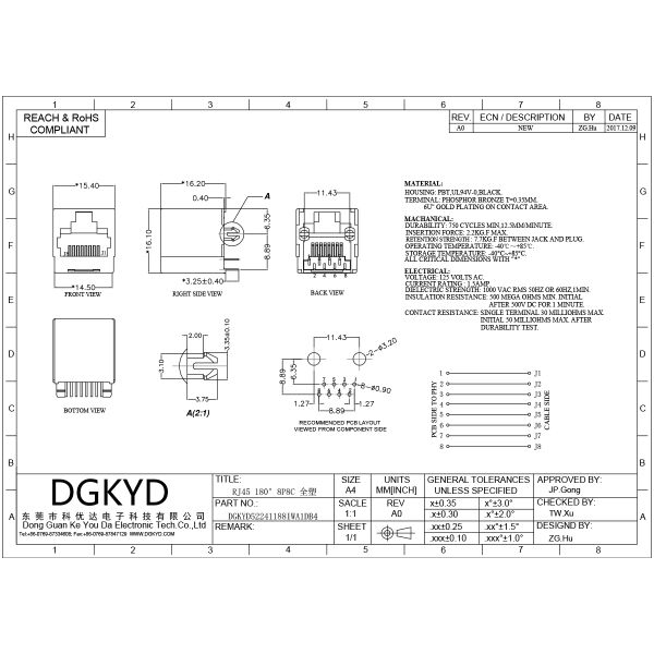 RJ45 180 degree industrial Ethernet flat pin 6U all plastic connector DGKYD52241188IWA1DB4