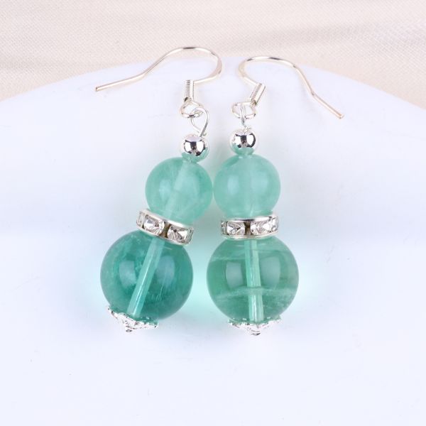 Handmade Crystal Stone Earrings Green Fluorite Gemstone Beaded Pendant Earrings
