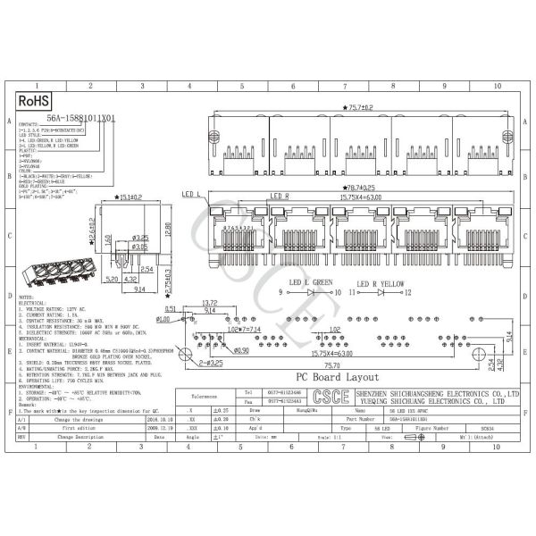 Unshielded RJ45 Modular Jack 1×5 Port Voltage Rating 125V With Yellow / Green LED