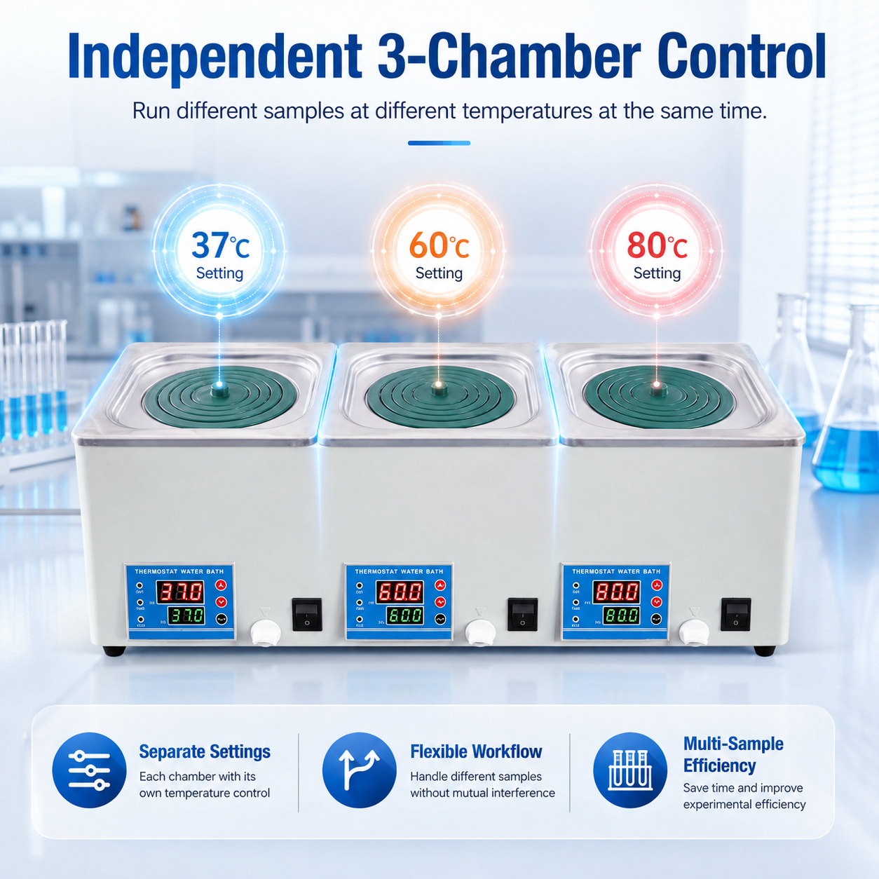 Cenlee HH-S3 Digital Triple Chamber Water Bath 220V 900W for Chemical Research, Sample Preparation and Quality Control Testing