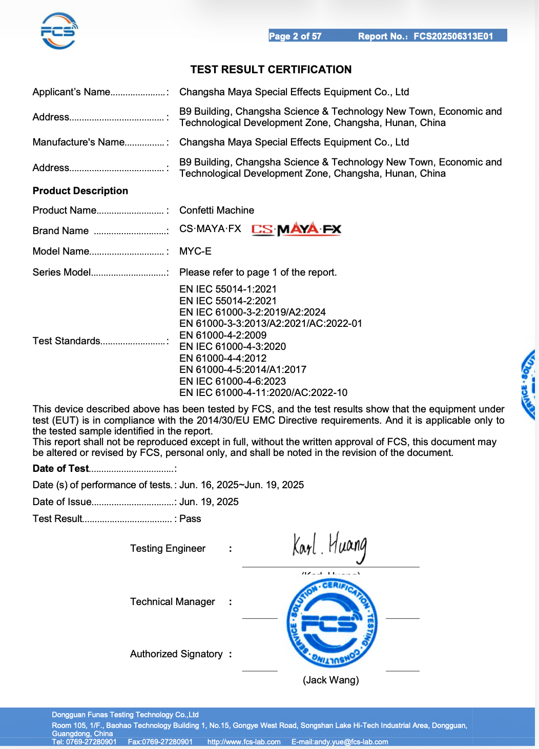 Changsha Maya Special Effects Equipment Co., Ltd Certifications