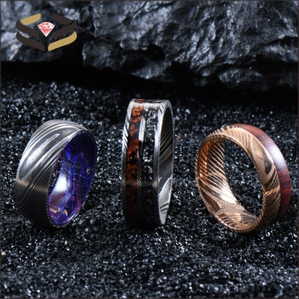 Round Flat Men Damascus Steel Wedding Bands 8mm With Meteorite And Dinosaur Bone Inlay
