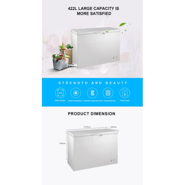 Electric SASO Eco Friendly Chest Freezer Stand Up 422 Liter 220V 1270x660x934mm