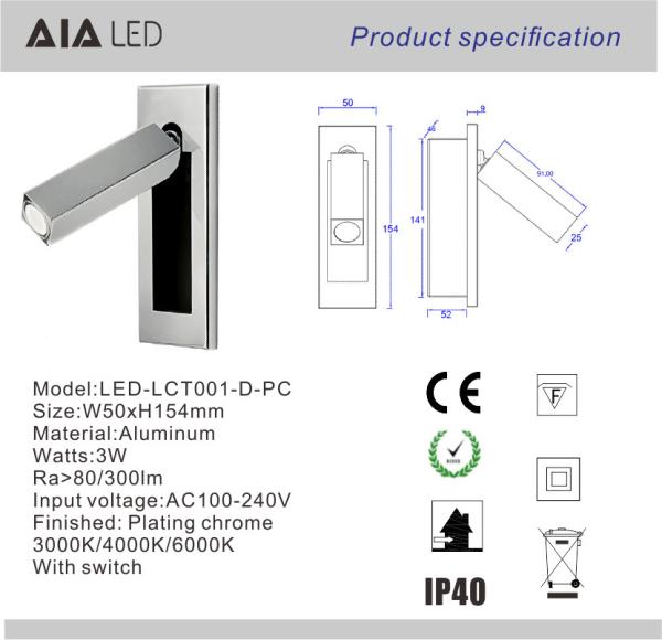Rotating Recessed mounted bed sides light 3W led bed lighting reading light bed head wall lamp