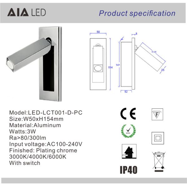 Rotating Recessed mounted bed sides light 3W led bed lighting reading light bed head wall lamp
