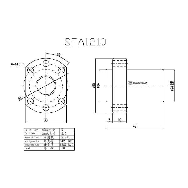 Vis à billes TBI SFA1210 12mm à roulement pour entraînements d'ascenseurs et d'escaliers mécaniques