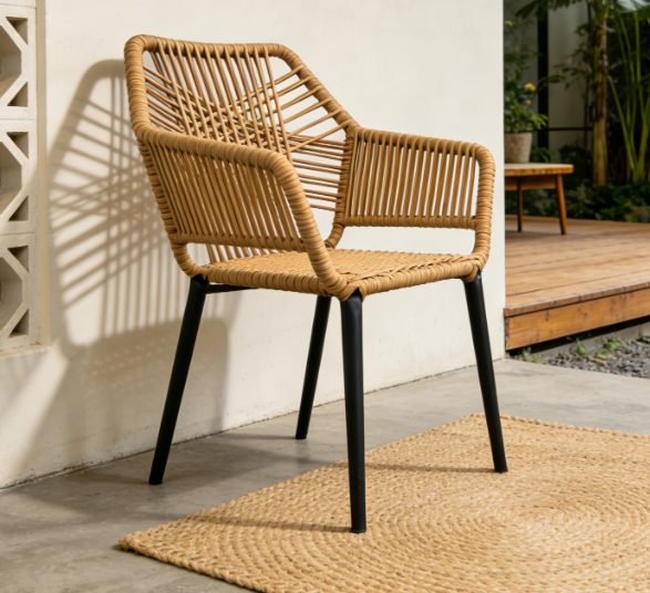 Yoshen Stackable Outdoor Hand Woven Rattan Chair Black Frame for Patio Cafe Commercial Use