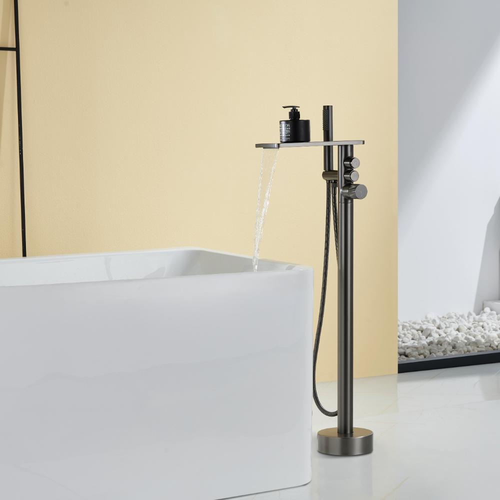 Modern Gunmetal Grey Freestanding Waterfall Bathtub Faucet with Storage Shelf & Handheld Shower bath sanitary ware