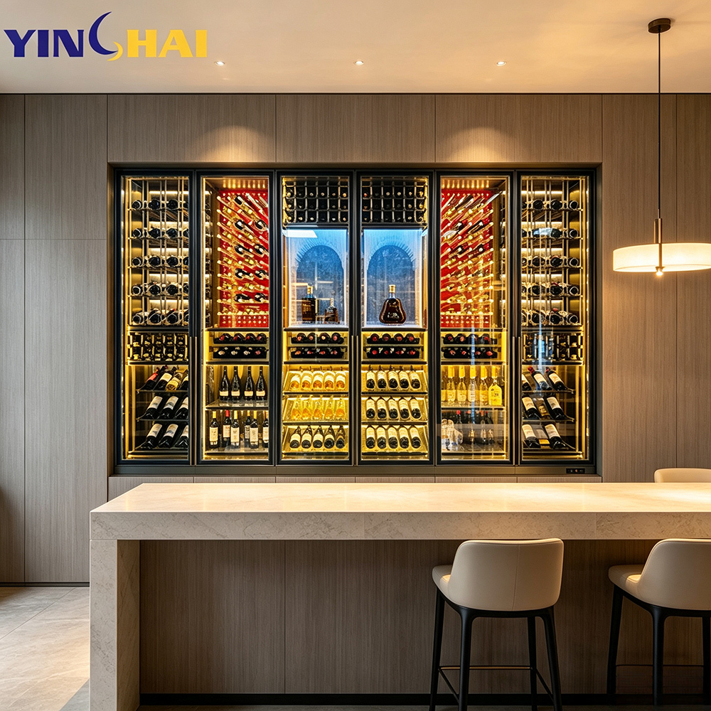 6-Door Large Wine Fridge Built-in Wine Cooler Large Capacity LED Glass Door